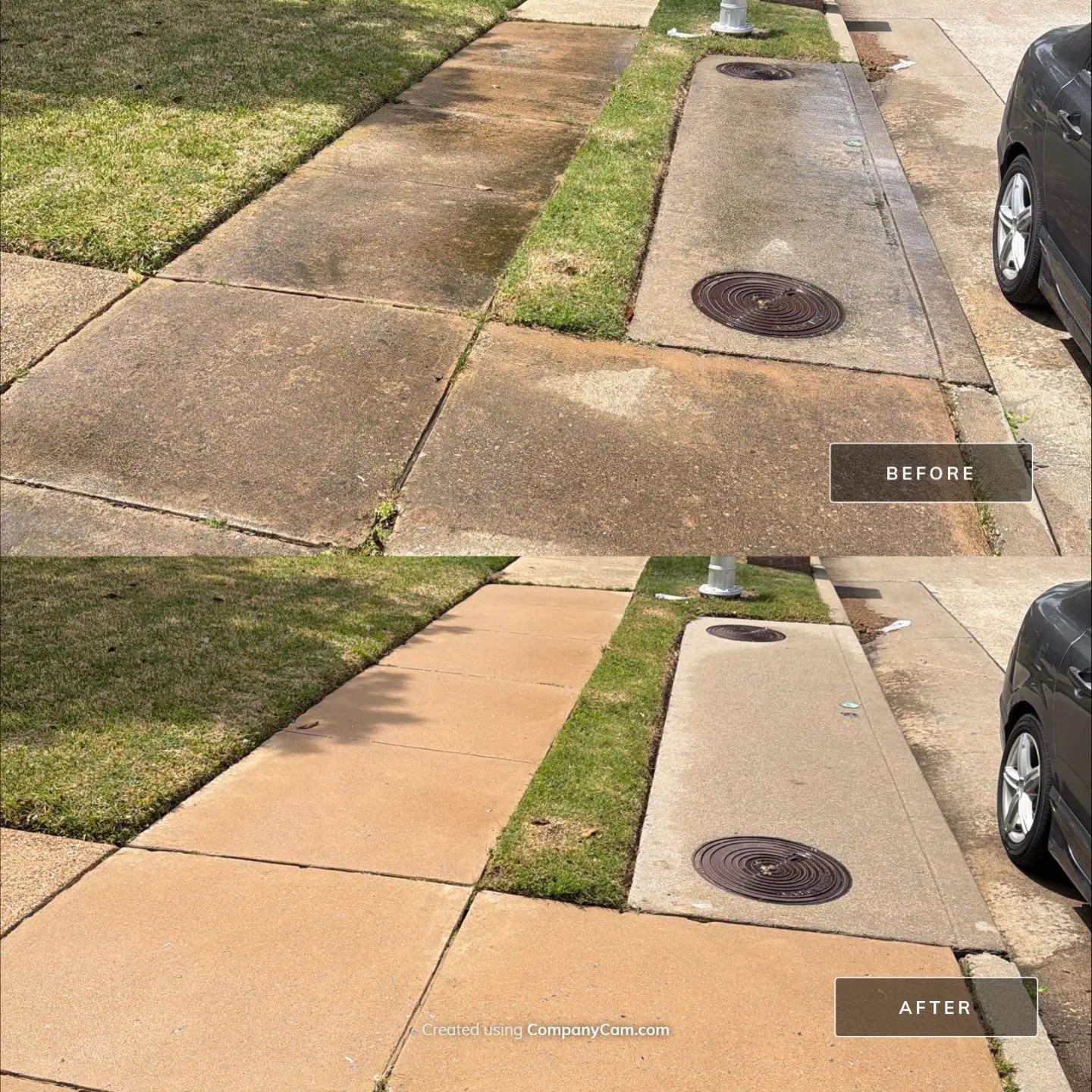 Before and after concrete sidewalk cleaning and restoration