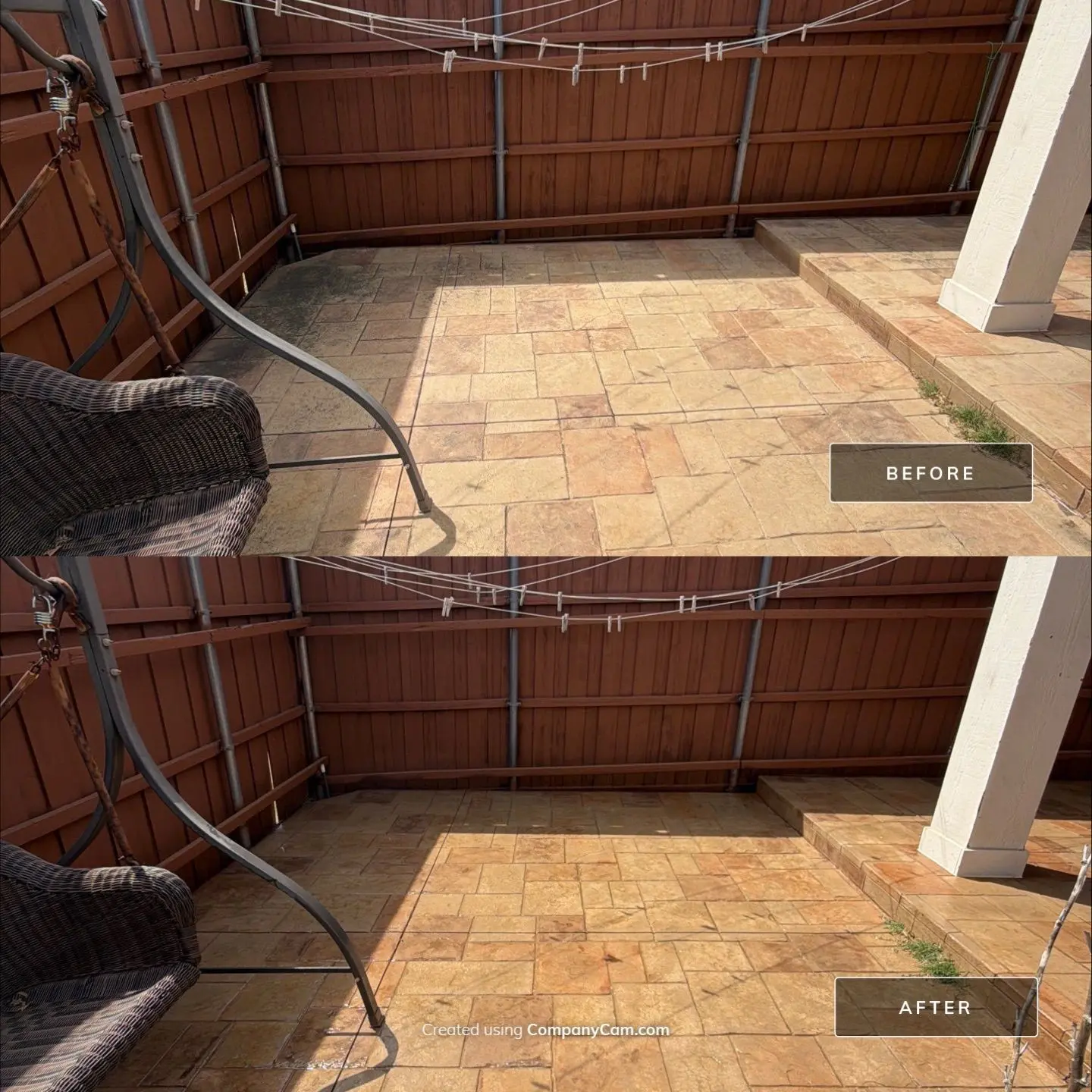 Before and after stamped patio restoration and cleaning in Plano, TX